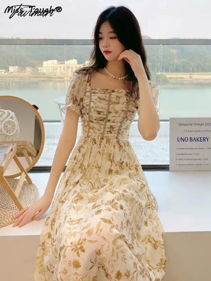 France Floral Print Dress Women Summer Elegant Party Midi Dress Casual Puff Sleeve Holiday Lady Dedigner Chic Korean Dress