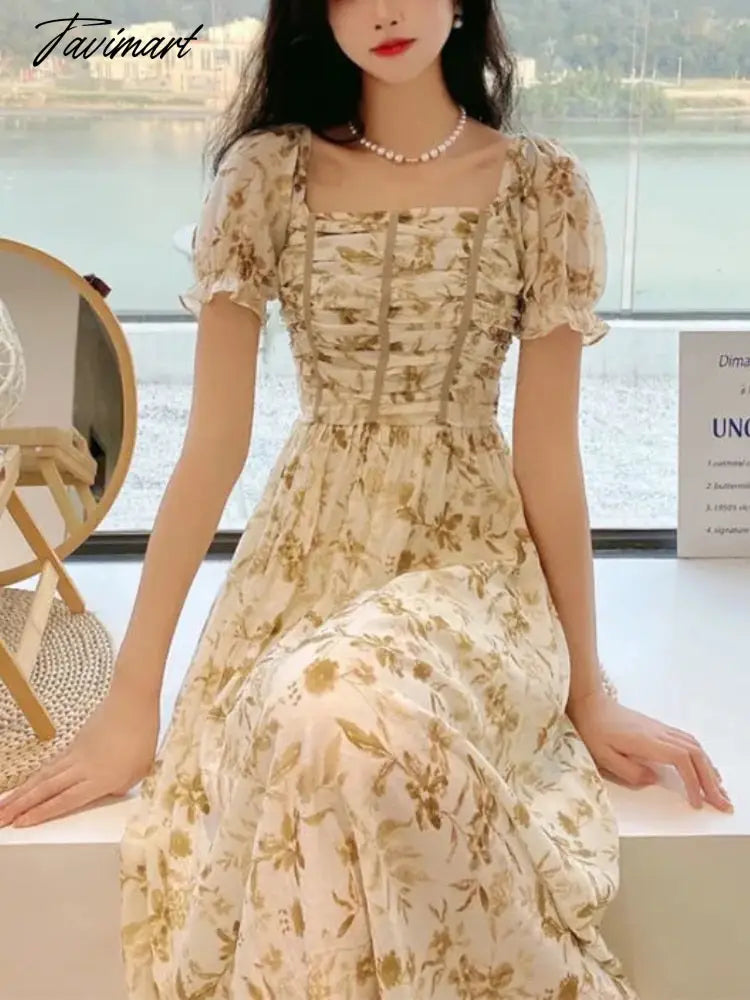 France Floral Print Dress Women Summer Elegant Party Midi Dress Casual Puff Sleeve Holiday Lady Dedigner Chic Korean Dress