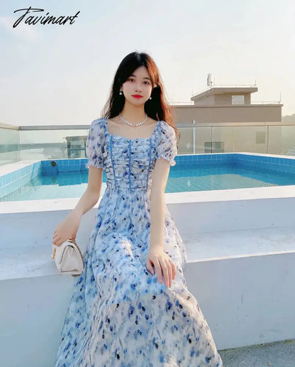 France Floral Print Dress Women Summer Elegant Party Midi Dress Casual Puff Sleeve Holiday Lady Dedigner Chic Korean Dress