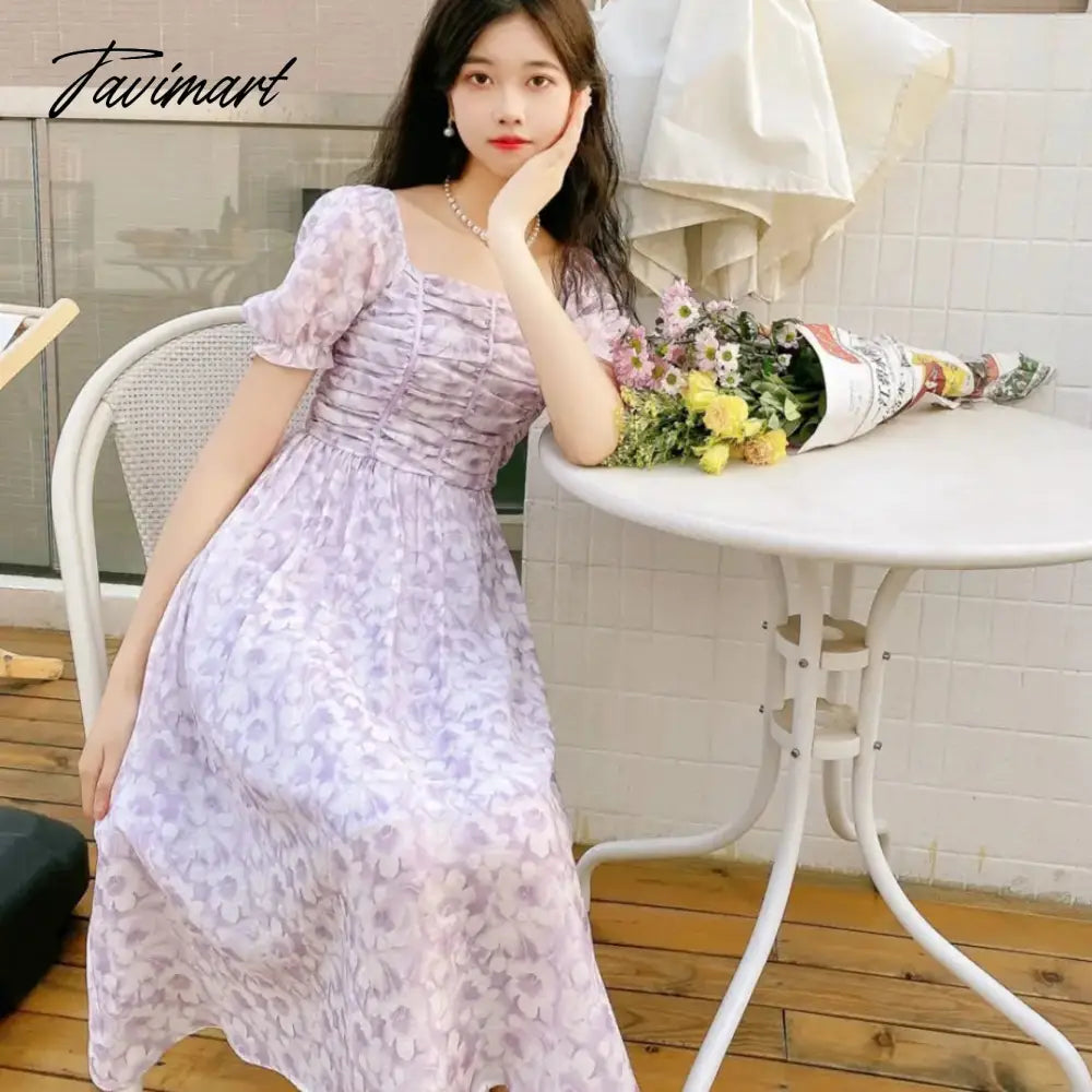 France Floral Print Dress Women Summer Elegant Party Midi Dress Casual Puff Sleeve Holiday Lady Dedigner Chic Korean Dress
