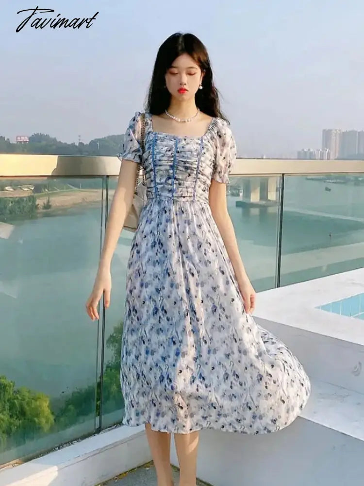France Floral Print Dress Women Summer Elegant Party Midi Dress Casual Puff Sleeve Holiday Lady Dedigner Chic Korean Dress