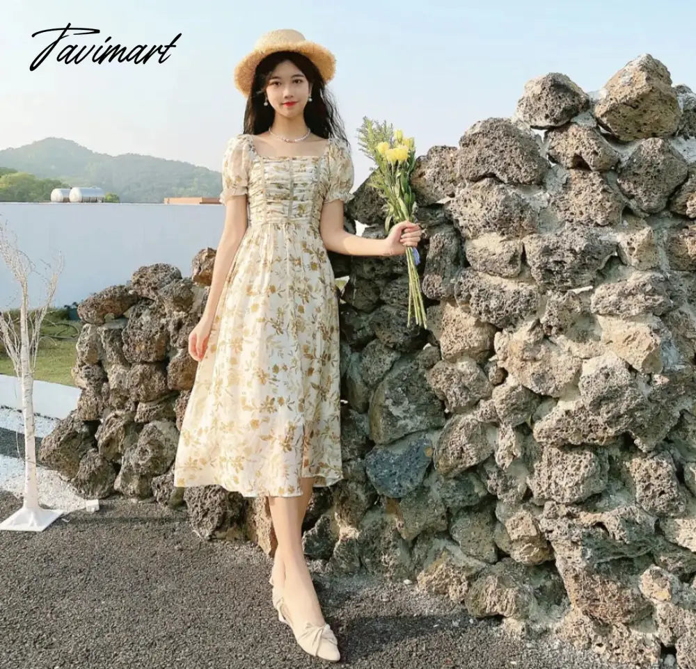 France Floral Print Dress Women Summer Elegant Party Midi Dress Casual Puff Sleeve Holiday Lady Dedigner Chic Korean Dress