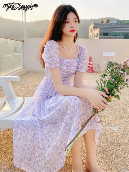 France Floral Print Dress Women Summer Elegant Party Midi Dress Casual Puff Sleeve Holiday Lady Dedigner Chic Korean Dress