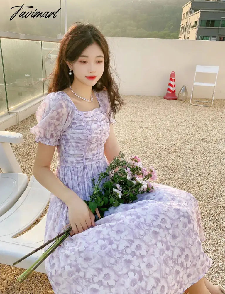 France Floral Print Dress Women Summer Elegant Party Midi Dress Casual Puff Sleeve Holiday Lady Dedigner Chic Korean Dress