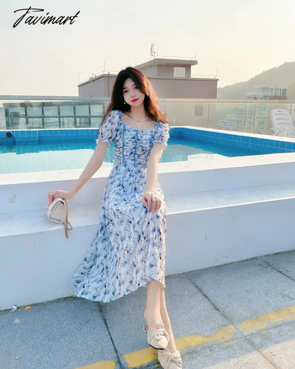 France Floral Print Dress Women Summer Elegant Party Midi Dress Casual Puff Sleeve Holiday Lady Dedigner Chic Korean Dress