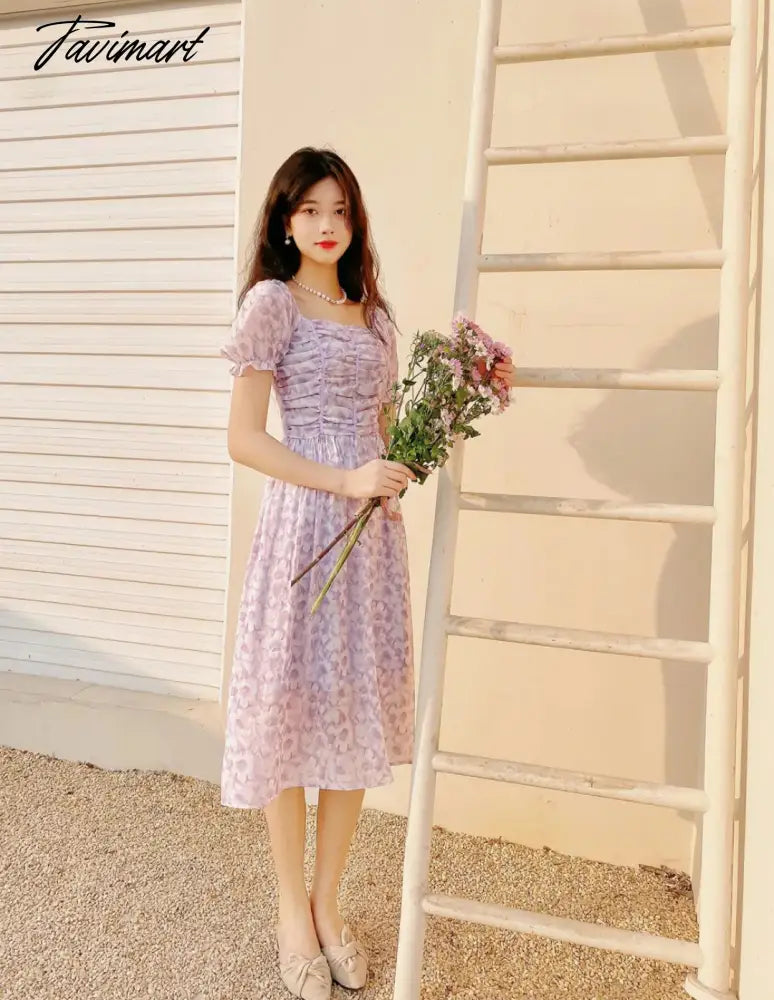 France Floral Print Dress Women Summer Elegant Party Midi Dress Casual Puff Sleeve Holiday Lady Dedigner Chic Korean Dress