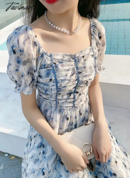 France Floral Print Dress Women Summer Elegant Party Midi Dress Casual Puff Sleeve Holiday Lady Dedigner Chic Korean Dress