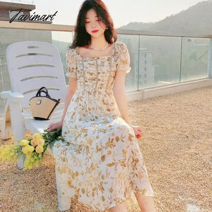 France Floral Print Dress Women Summer Elegant Party Midi Dress Casual Puff Sleeve Holiday Lady Dedigner Chic Korean Dress