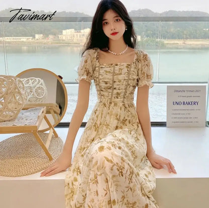France Floral Print Dress Women Summer Elegant Party Midi Dress Casual Puff Sleeve Holiday Lady Dedigner Chic Korean Dress