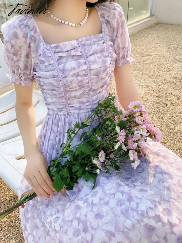 France Floral Print Dress Women Summer Elegant Party Midi Dress Casual Puff Sleeve Holiday Lady Dedigner Chic Korean Dress