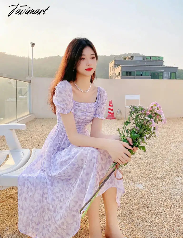 France Floral Print Dress Women Summer Elegant Party Midi Dress Casual Puff Sleeve Holiday Lady Dedigner Chic Korean Dress