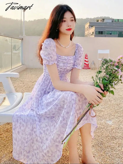 France Floral Print Dress Women Summer Elegant Party Midi Dress Casual Puff Sleeve Holiday Lady Dedigner Chic Korean Dress