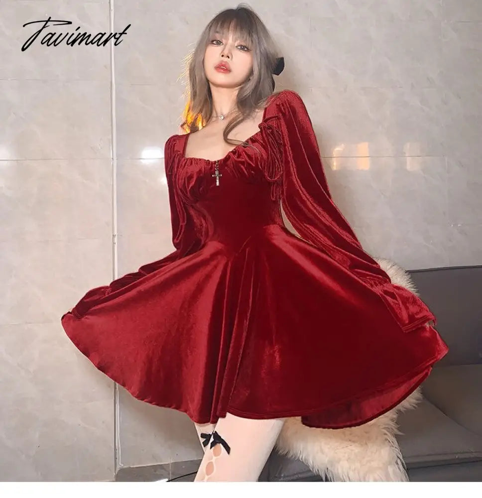 France Vintage Party Mini Dresses Women Winter Black Gothic Sexy Elegant Dresses Red Velvet Korean Style Dress for New Year