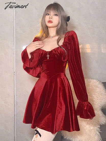 France Vintage Party Mini Dresses Women Winter Black Gothic Sexy Elegant Dresses Red Velvet Korean Style Dress for New Year