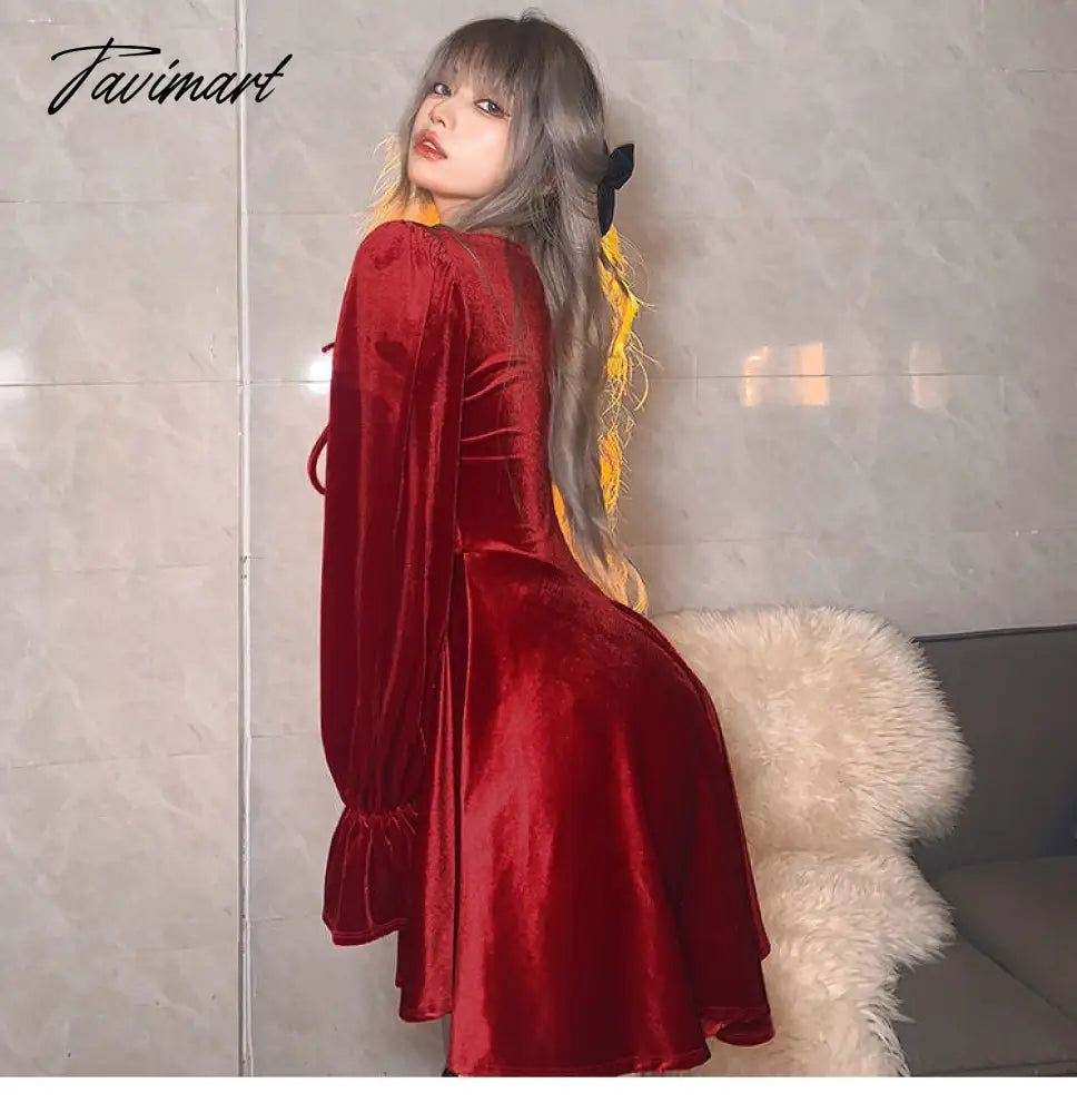 France Vintage Party Mini Dresses Women Winter Black Gothic Sexy Elegant Dresses Red Velvet Korean Style Dress for New Year