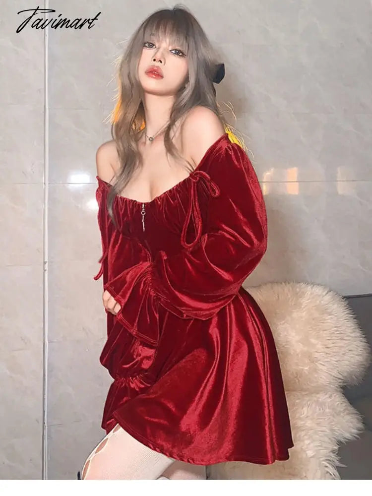 France Vintage Party Mini Dresses Women Winter Black Gothic Sexy Elegant Dresses Red Velvet Korean Style Dress for New Year