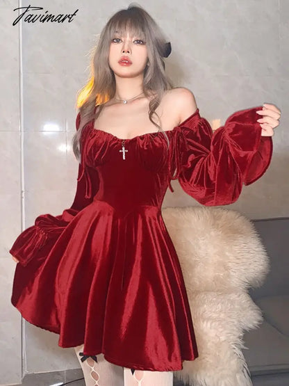 France Vintage Party Mini Dresses Women Winter Black Gothic Sexy Elegant Dresses Red Velvet Korean Style Dress for New Year