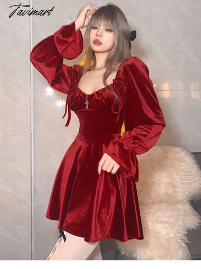 France Vintage Party Mini Dresses Women Winter Black Gothic Sexy Elegant Dresses Red Velvet Korean Style Dress for New Year