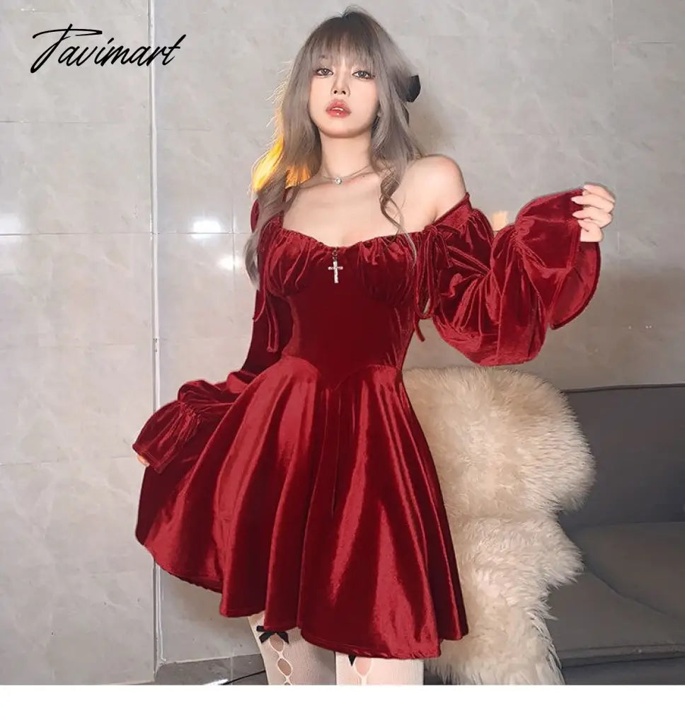 France Vintage Party Mini Dresses Women Winter Black Gothic Sexy Elegant Dresses Red Velvet Korean Style Dress for New Year