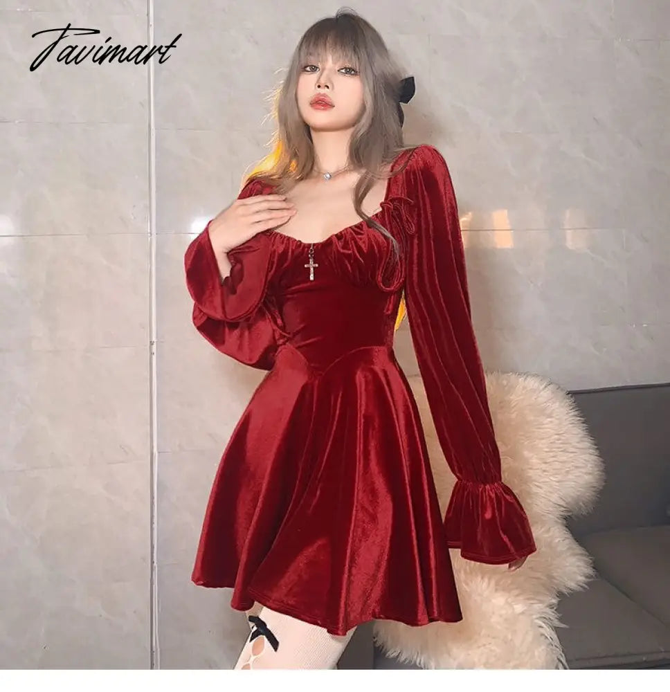 France Vintage Party Mini Dresses Women Winter Black Gothic Sexy Elegant Dresses Red Velvet Korean Style Dress for New Year
