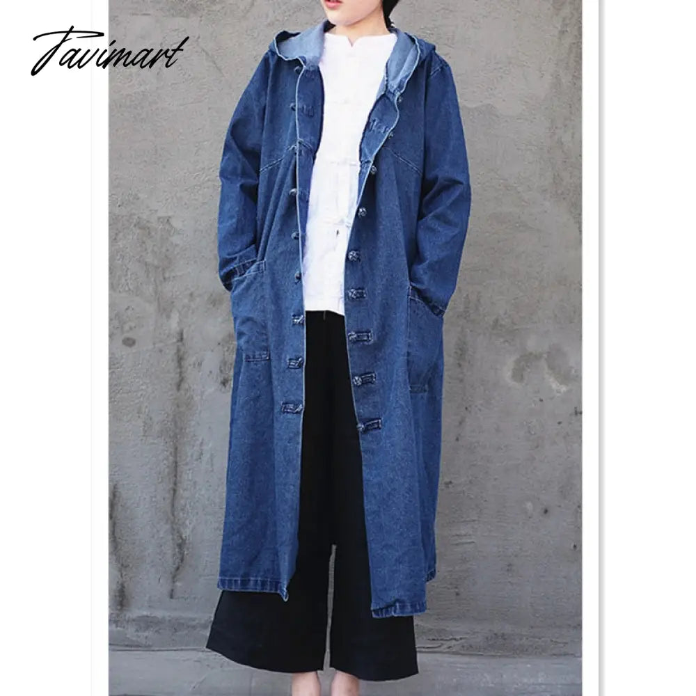 Free Shipping Denim Long Mid-calf Coat For Women Loose Jeans Outerwear Long Sleeve Single-breasted Chinese Style Hooded