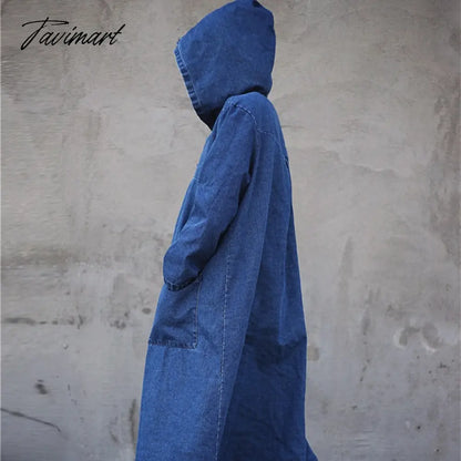 Free Shipping Denim Long Mid-calf Coat For Women Loose Jeans Outerwear Long Sleeve Single-breasted Chinese Style Hooded