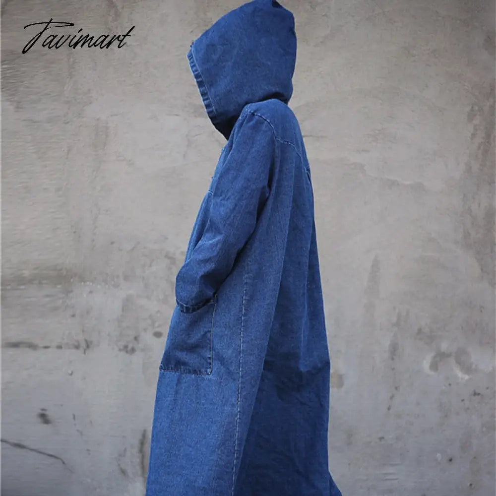 Free Shipping Denim Long Mid-calf Coat For Women Loose Jeans Outerwear Long Sleeve Single-breasted Chinese Style Hooded