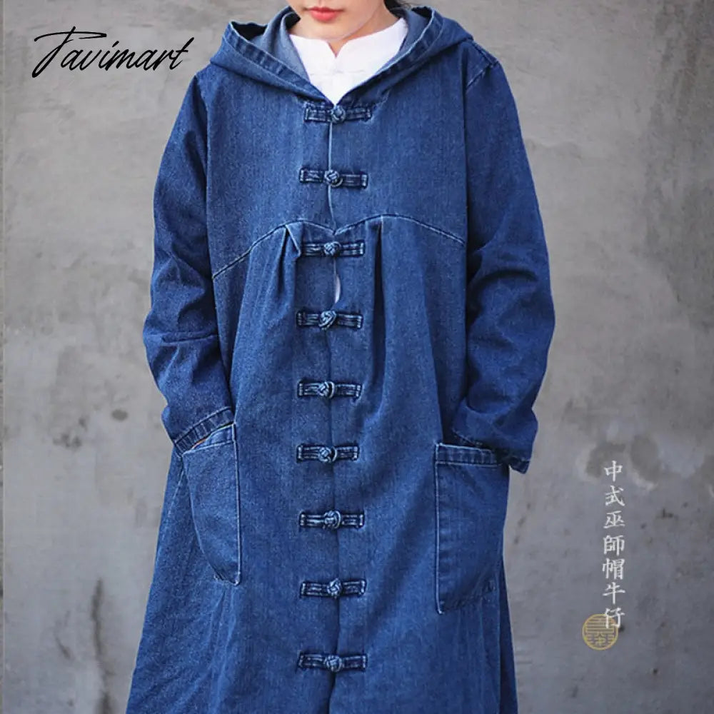 Free Shipping Denim Long Mid-calf Coat For Women Loose Jeans Outerwear Long Sleeve Single-breasted Chinese Style Hooded