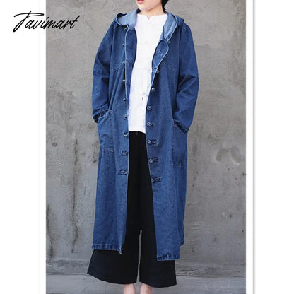 Free Shipping Denim Long Mid-calf Coat For Women Loose Jeans Outerwear Long Sleeve Single-breasted Chinese Style Hooded