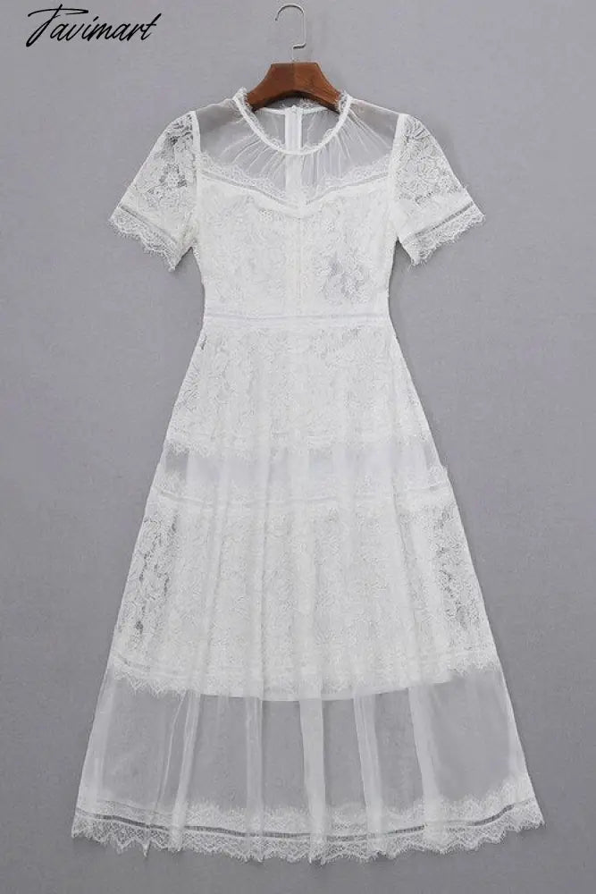 Free Shipping S-XL White Lace And Mesh Dresses For Women Long Mid-calf Summer Embroidery Short Sleeve High Waist Dresses