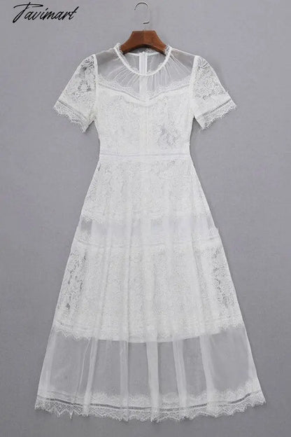 Free Shipping S-XL White Lace And Mesh Dresses For Women Long Mid-calf Summer Embroidery Short Sleeve High Waist Dresses
