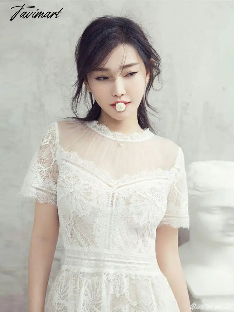 Free Shipping S-XL White Lace And Mesh Dresses For Women Long Mid-calf Summer Embroidery Short Sleeve High Waist Dresses