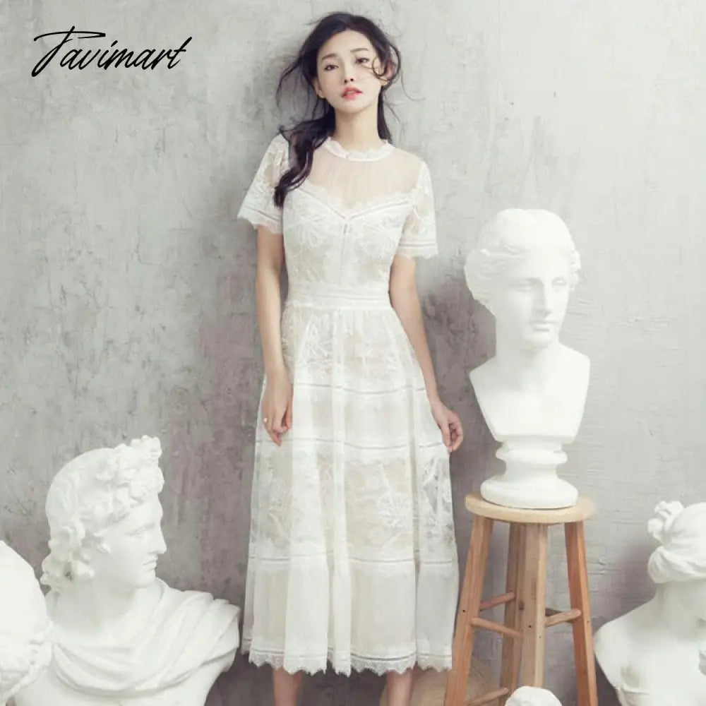 Free Shipping S-XL White Lace And Mesh Dresses For Women Long Mid-calf Summer Embroidery Short Sleeve High Waist Dresses