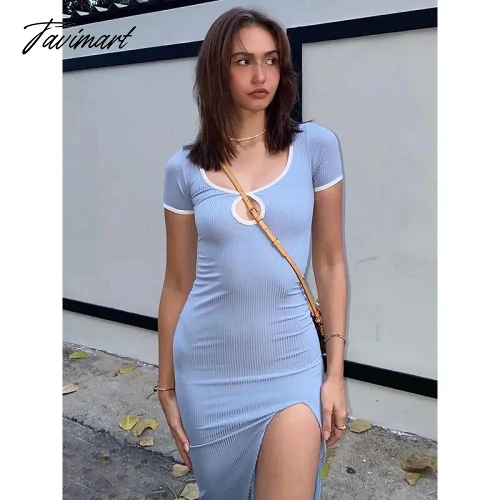 Freeacy Adult Female Summer New Blue Square-Neck Short Sleeves Split-Side Skinny Dress Sexy Casual Wrap Club Dresses For Women