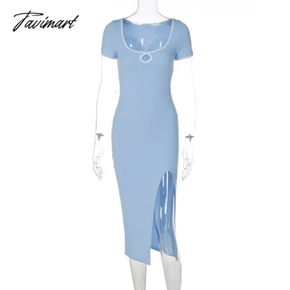 Freeacy Adult Female Summer New Blue Square-Neck Short Sleeves Split-Side Skinny Dress Sexy Casual Wrap Club Dresses For Women