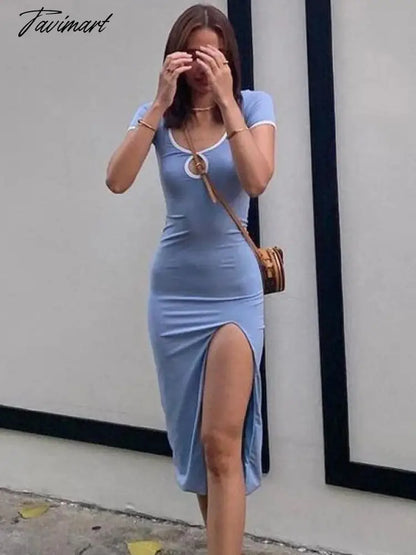 Freeacy Adult Female Summer New Blue Square-Neck Short Sleeves Split-Side Skinny Dress Sexy Casual Wrap Club Dresses For Women