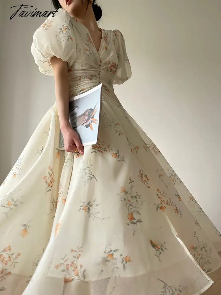 French Elegant Floral Dress Women Summer Short Sleeve Even Party Midi Dress Beach Chiffon Casual Fashion Dress Office Lady