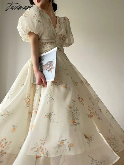 French Elegant Floral Dress Women Summer Short Sleeve Even Party Midi Dress Beach Chiffon Casual Fashion Dress Office Lady