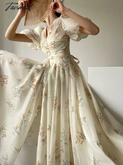 French Elegant Floral Dress Women Summer Short Sleeve Even Party Midi Dress Beach Chiffon Casual Fashion Dress Office Lady