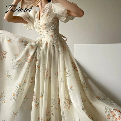 French Elegant Floral Dress Women Summer Short Sleeve Even Party Midi Dress Beach Chiffon Casual Fashion Dress Office Lady