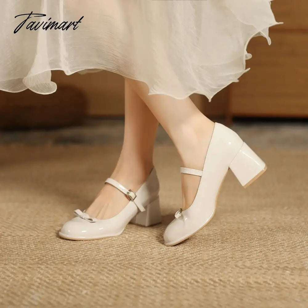 French Fairy Bow Mary Jane Shoes New Round Toe Medium Heel High Heel Shoes Female Design Sense Small and Elegant