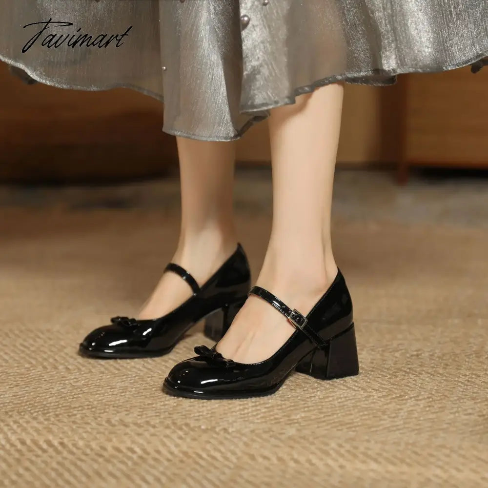 French Fairy Bow Mary Jane Shoes New Round Toe Medium Heel High Heel Shoes Female Design Sense Small and Elegant