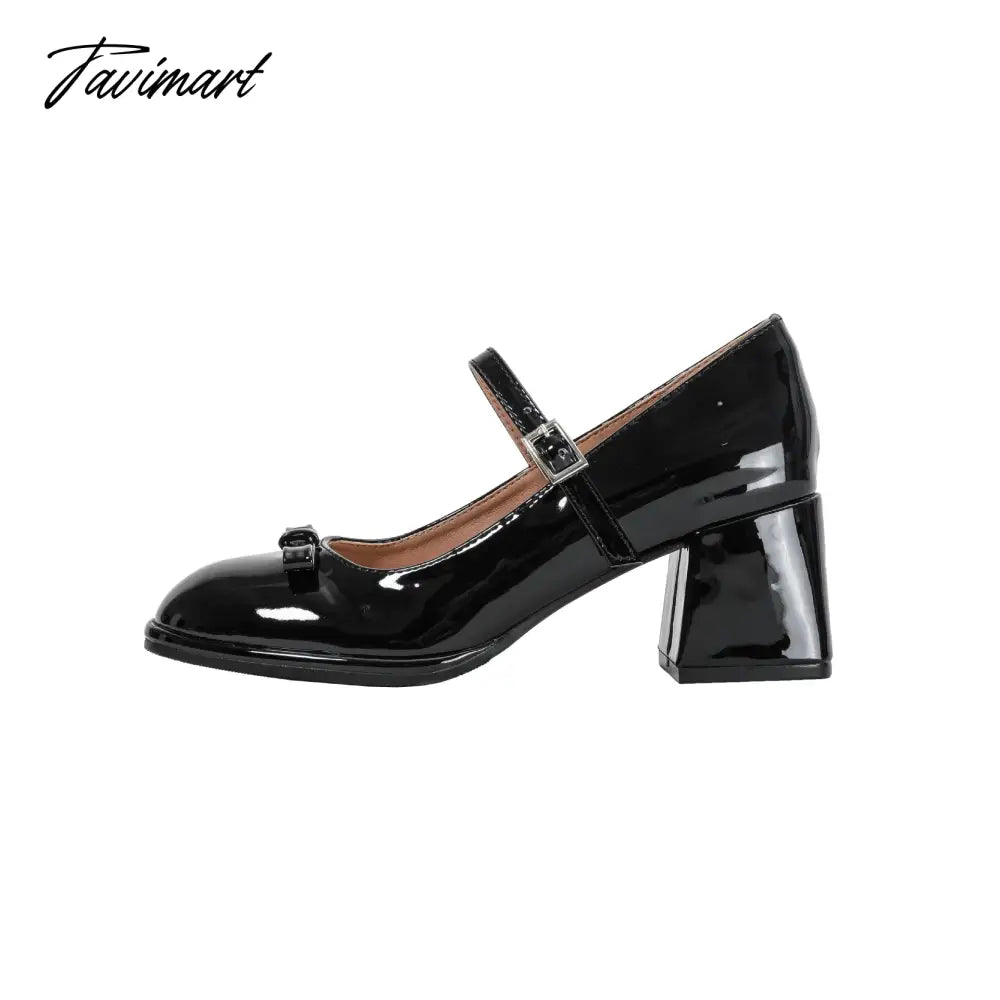 French Fairy Bow Mary Jane Shoes New Round Toe Medium Heel High Heel Shoes Female Design Sense Small and Elegant