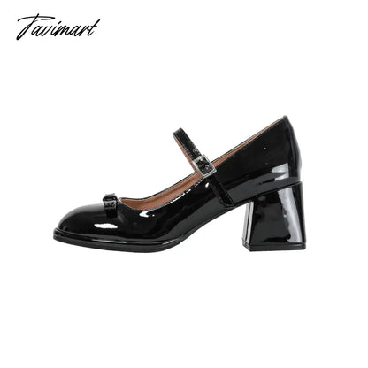 French Fairy Bow Mary Jane Shoes New Round Toe Medium Heel High Heel Shoes Female Design Sense Small and Elegant