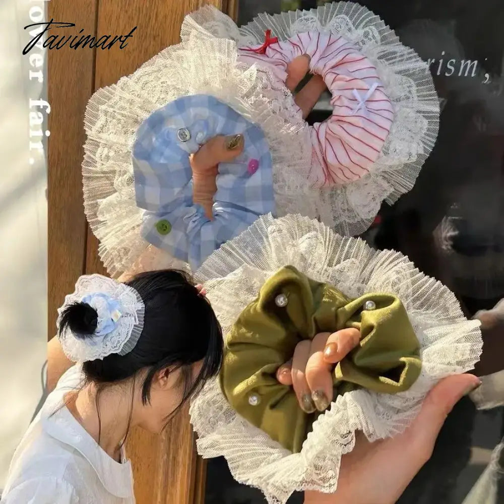 French New Lace Large Pink Scrunchies Headband Summer Sweet Elastic Hair Rope Headwear Rubber Band Hair Accessories for Girls