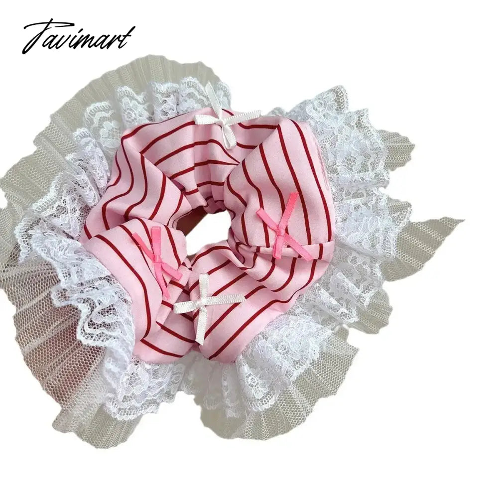 French New Lace Large Pink Scrunchies Headband Summer Sweet Elastic Hair Rope Headwear Rubber Band Hair Accessories for Girls