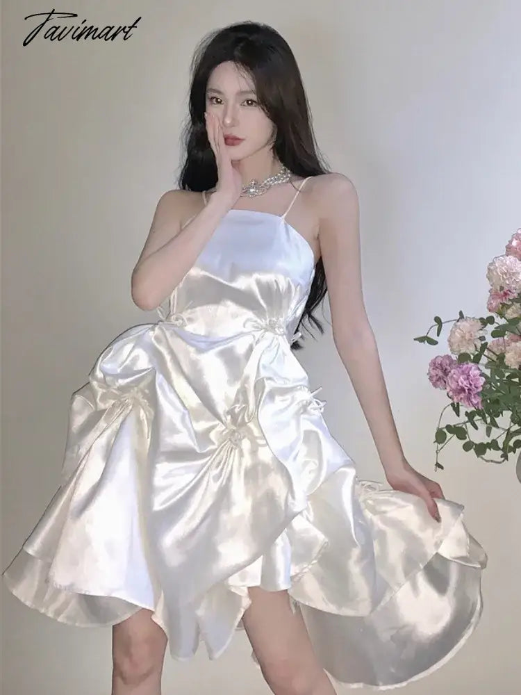 French Princess Dress Fluffy Fairy Super Irregular Satin Suspender Dresses Summer Elegant Temperament Beautiful Vestido