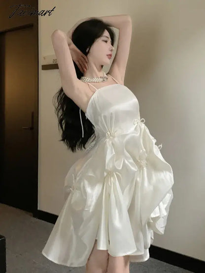 French Princess Dress Fluffy Fairy Super Irregular Satin Suspender Dresses Summer Elegant Temperament Beautiful Vestido