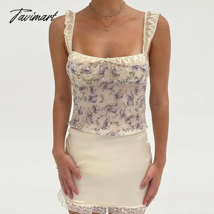 French Romance 2 Piece Set Floral Print Crop Tops + Lace Trim Satin Mini Skirt Ruched Strap Backless Tie Up Camis