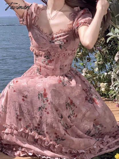 French Style Holiday Floral Long Dress Vintage Slash Neck Puff Sleeve Maxi Dresses For Women Summer Beach Style